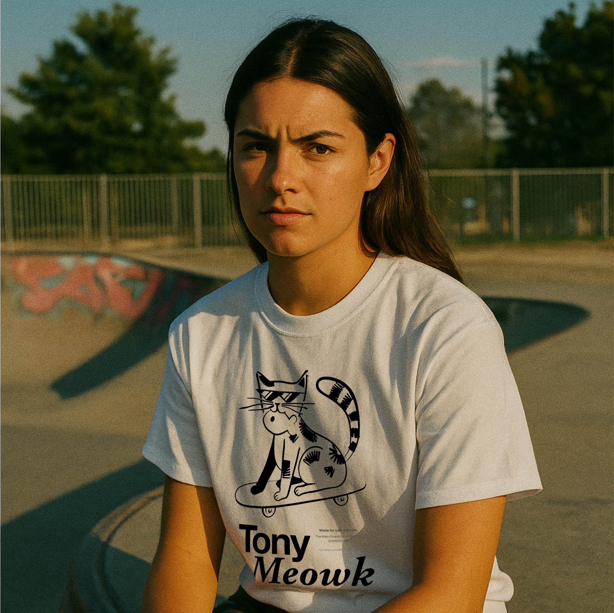 Girl wearing a t-shirt with a cat graphic and 'Tony Meowk' text at a skate park.