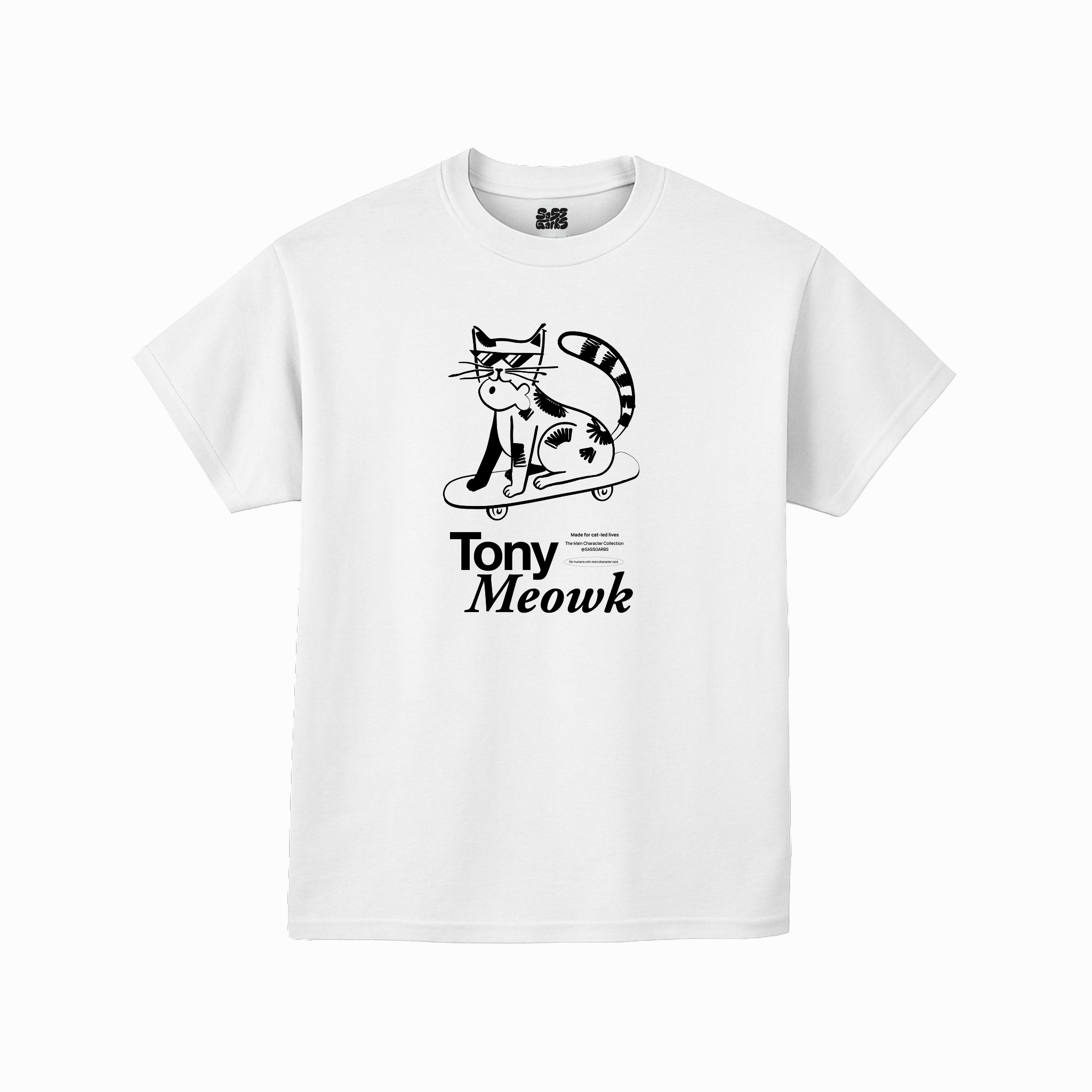 White t-shirt with black cat graphic and 'Tony Meowk' text on a white background